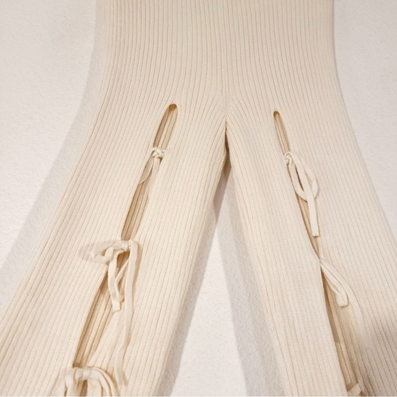 H:ours Aiden Knit Pant with Lace Up Front in Ivory Cream White Rib Knit - Picture 8 of 10
